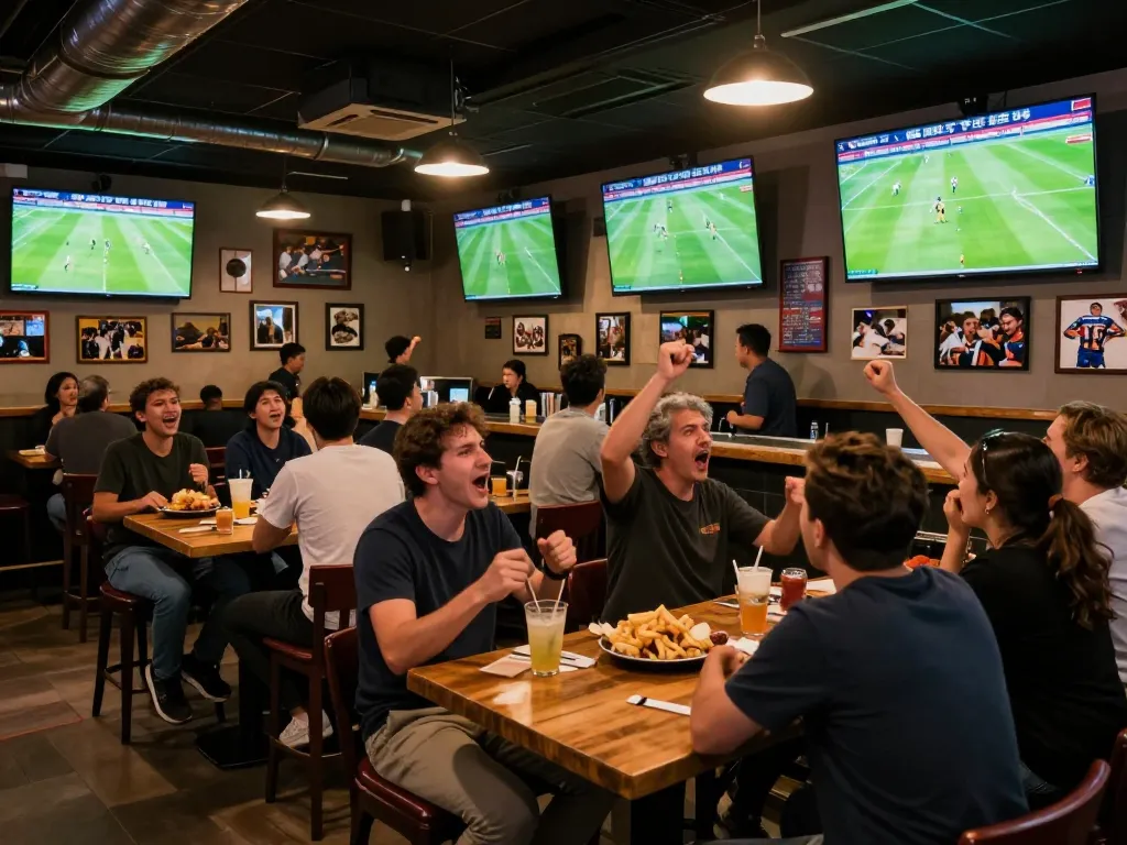 Cakhiatv86 sports bar scene where fans cheer for live football matches, enhancing betting excitement.