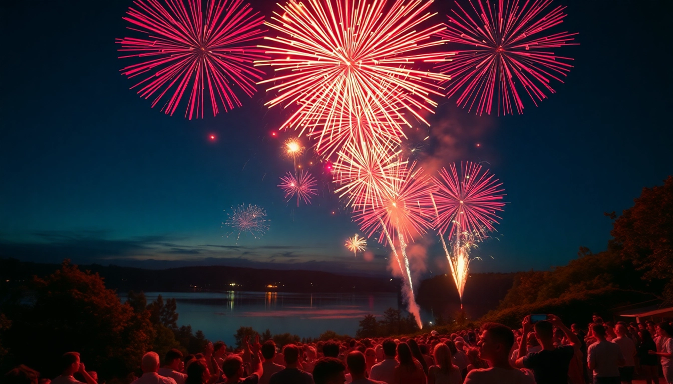 Witness stunning fireworks for sale lighting up the night sky, creating a festive atmosphere over a joyful crowd.