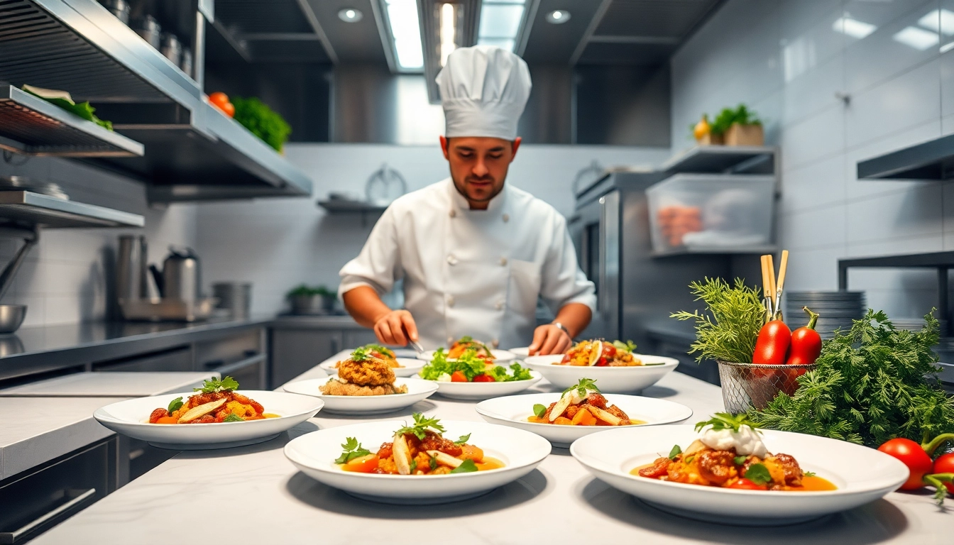 Gastronomie in action: Ein professioneller Koch kreiert Kunstwerke aus frischen Zutaten in einer modernen Küche.