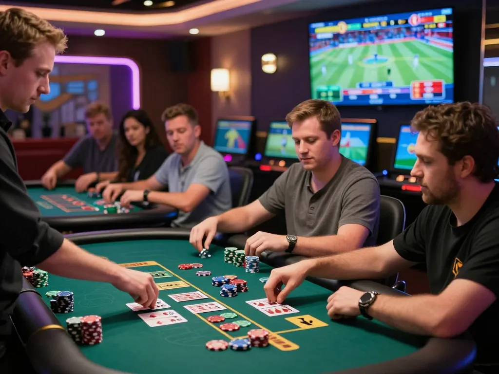 Exciting casino atmosphere at https://tr88.army/ with players engaged in various games and dynamic lighting.