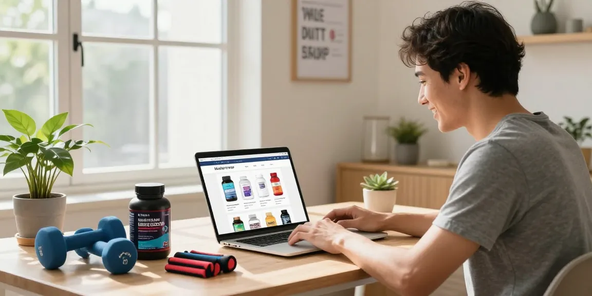 Engagierter Käufer erkundet die Medi Pharma Shop-Website mit Fitnessprodukten in einem hellen Homeoffice.