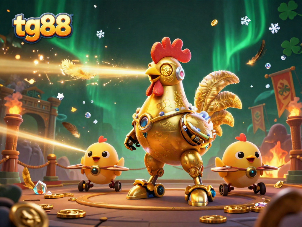 Engage in thrilling gameplay with tg88 as dynamic golden rooster robot and drones illuminate the casino
