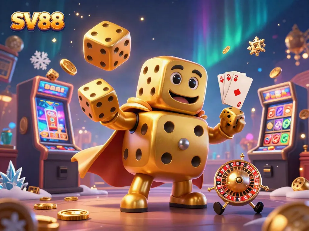 Engage in thrilling SV88 gaming with a vibrant 3D illustration of golden dice and casino elements.