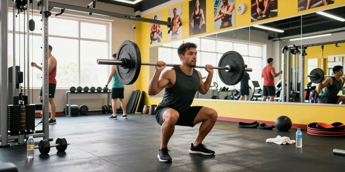Bodybuilder in Anabolika Shop training scene, demonstrating barbell squat with gym equipment and motivational atmosphere.
