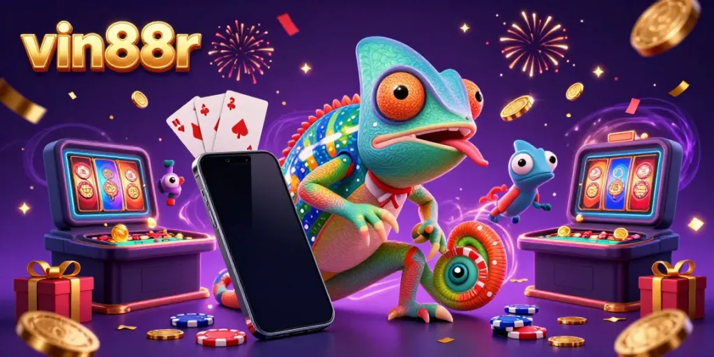 Engaging scene of slot gaming action featuring vin88r with a chameleon casino owner, smartphone with spinning reels and coins