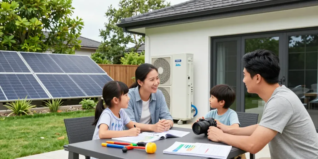 Wärmepumpe Kosten im Außenbereich eines modernen Hauses mit einer Familie, die über Energieeffizienz spricht.