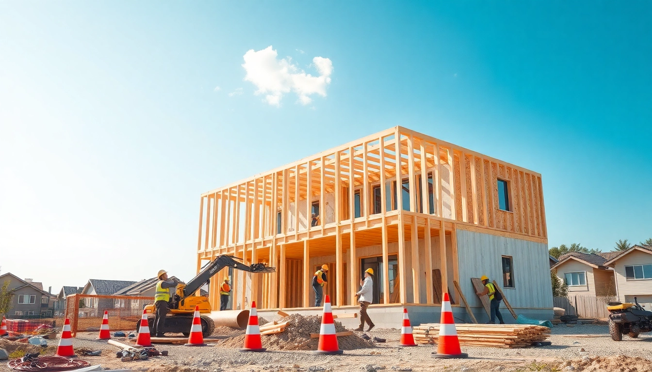 Haus bauen mit einem modernen Bauprojekt, das Handwerker und Gerätschaften zeigt