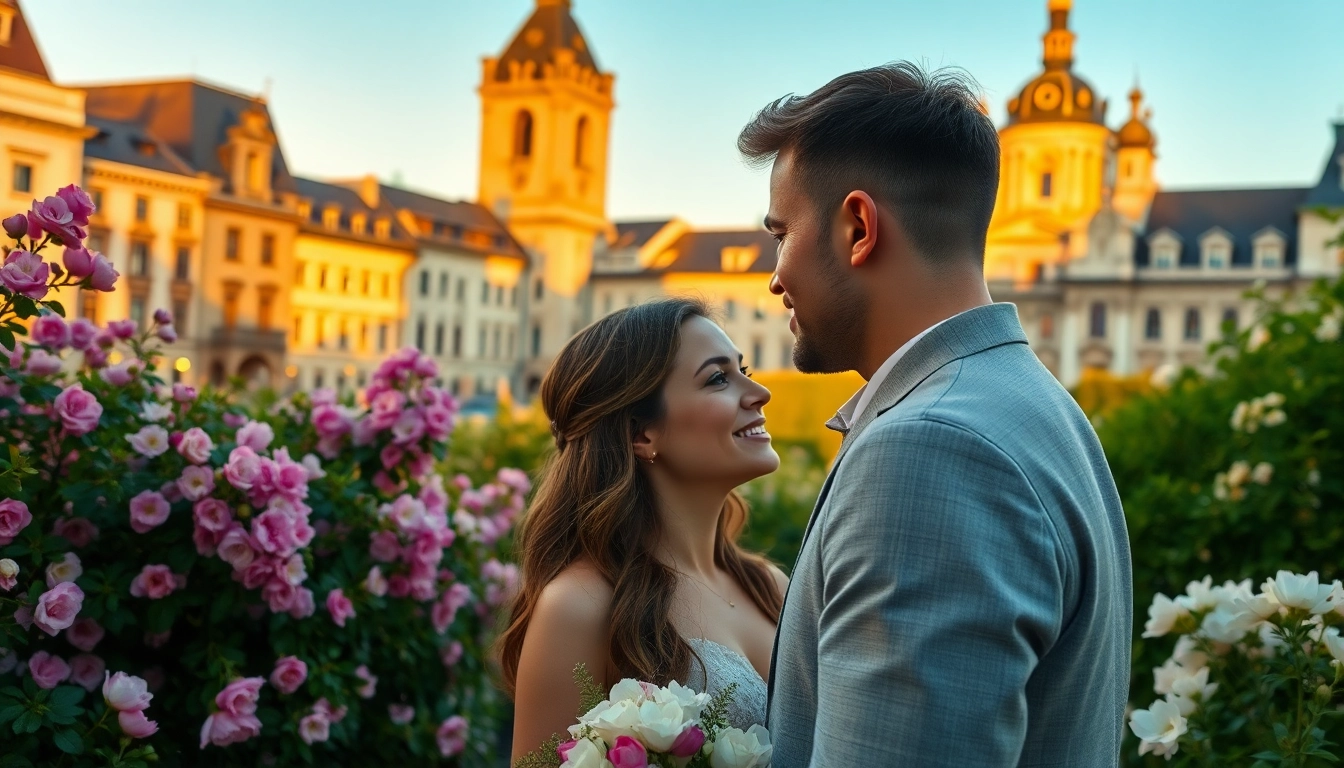 Hochzeitsfotograf München fotografiert ein romantisches Paar vor Münchens historischem Hintergrund.