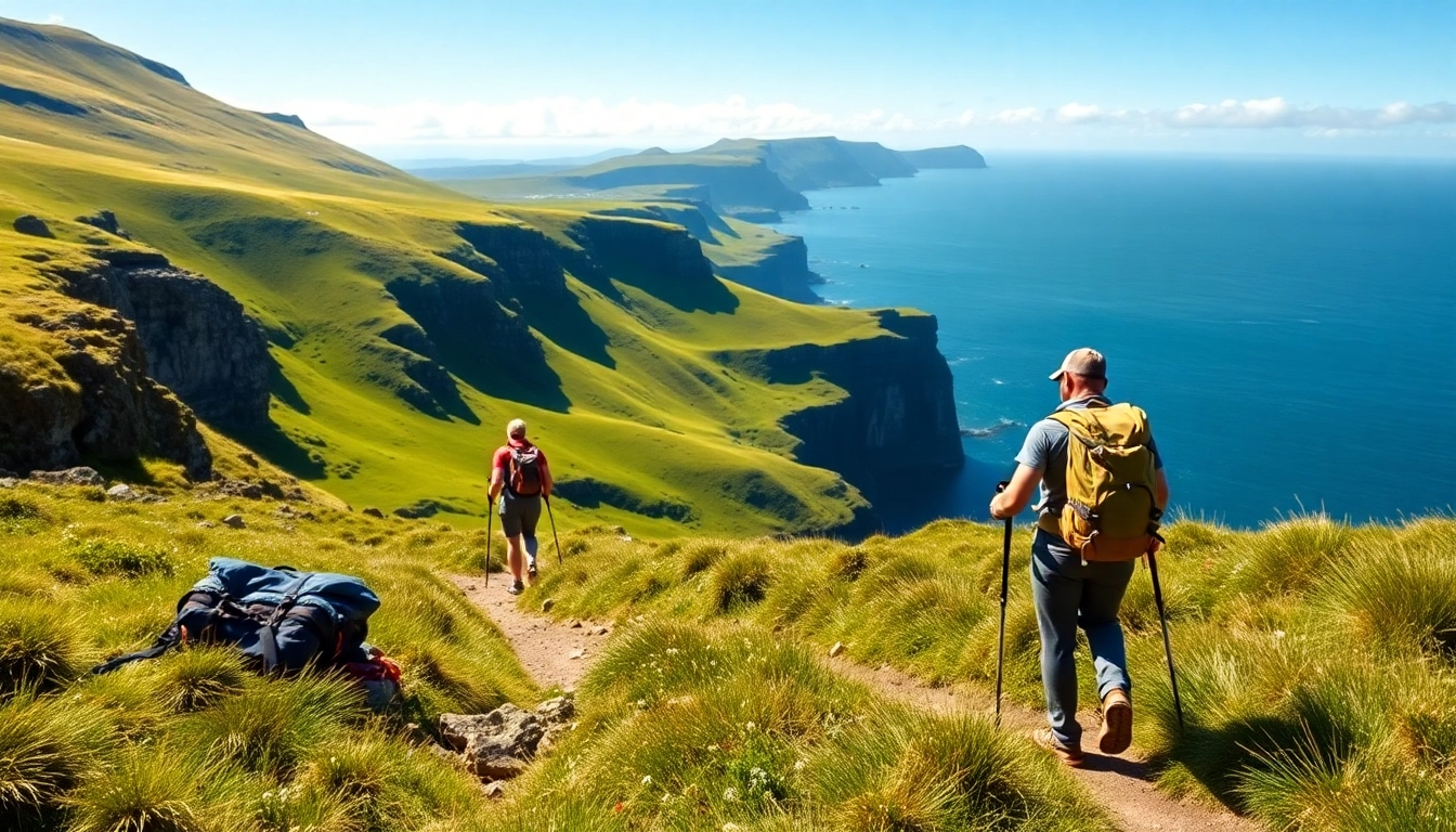 Irland wandern auf einer malerischen Wanderroute mit Blick auf grüne Hügel und Klippen.