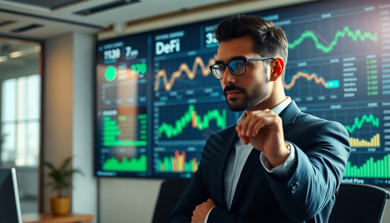 Analyse des actualités DeFi par un analyste financier dans un bureau moderne et technologique.