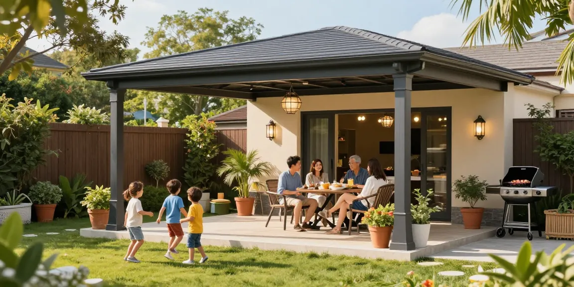 Stylische Terrassenüberdachung freistehend im Garten mit Familie.