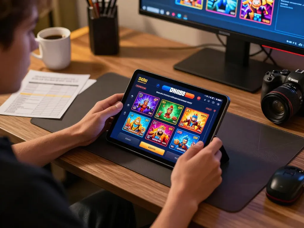 Engaging with DN88's online casino app while managing bankroll in a cozy setup.