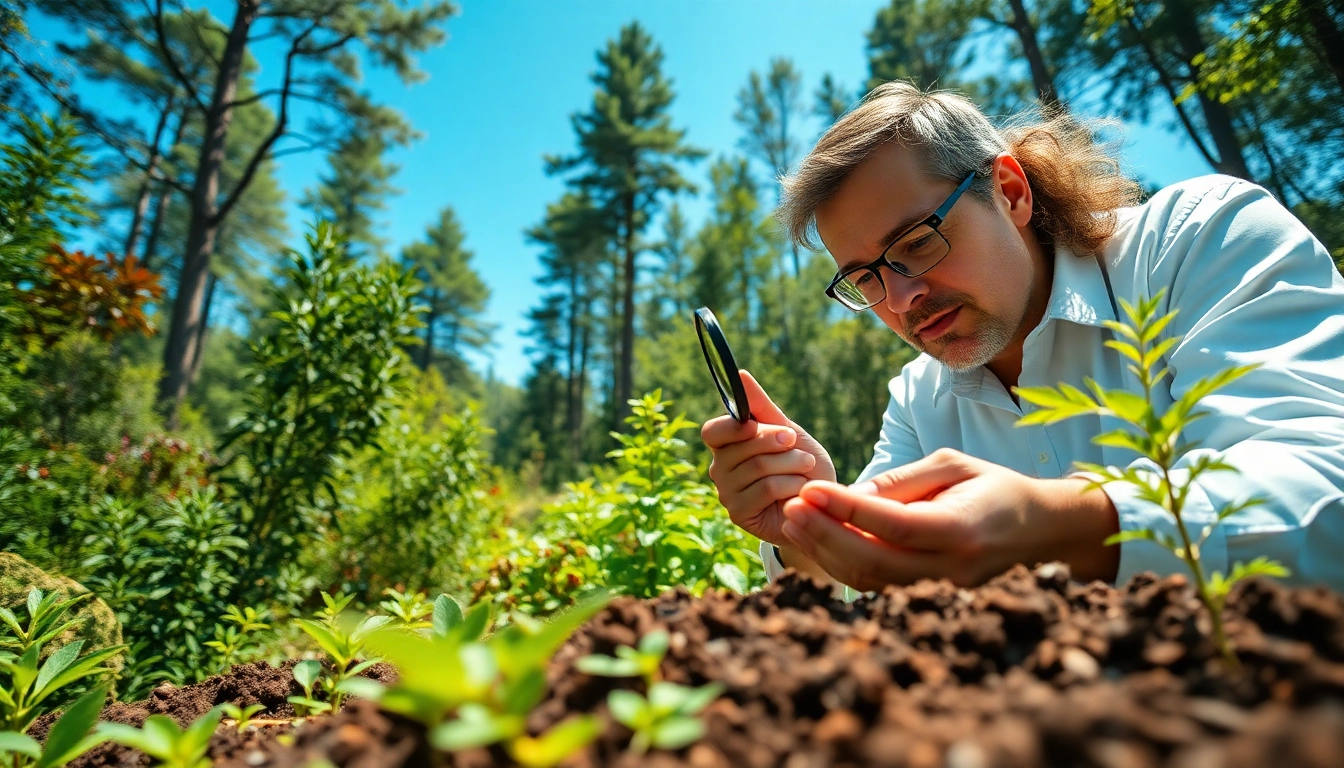 Umweltforschung durch einen Forscher, der Bodensch Samples in einem üppigen Wald analysiert.