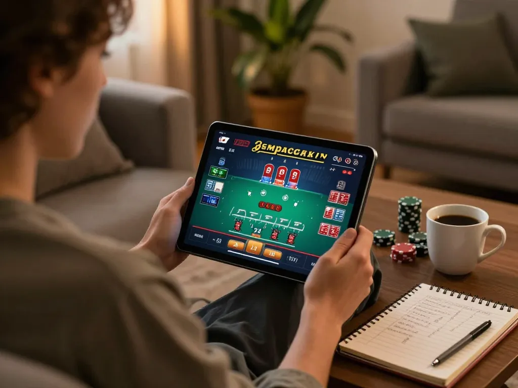 Enjoying online gambling at https://f8bet.dental/ with a live blackjack game on a tablet in a cozy setting.