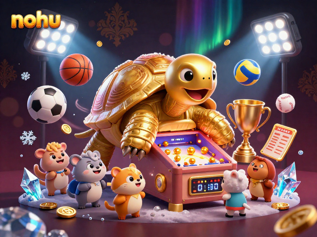 Nohus engaging in a dynamic casino-themed scene with golden tortoise and sports balls.