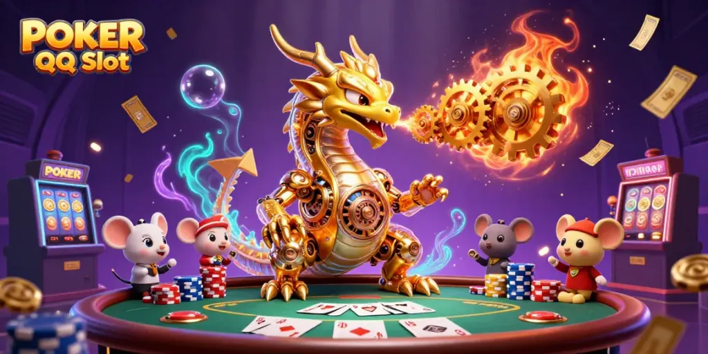 Experience the thrill of POKER QQ Slot with vibrant casino elements and an enchanting golden dragon in 3D.