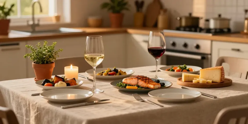 Wein zu Essen - Elegante Esstischszene mit Wein und Gourmetgerichten.