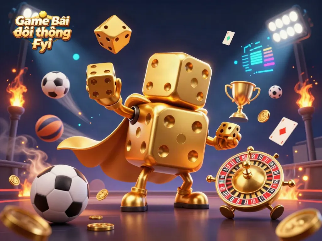 Engage with thrilling casino action in this vivid Game Bài Đổi Thưởng Fyi illustration, showcasing golden dice and dynamic sports elements.