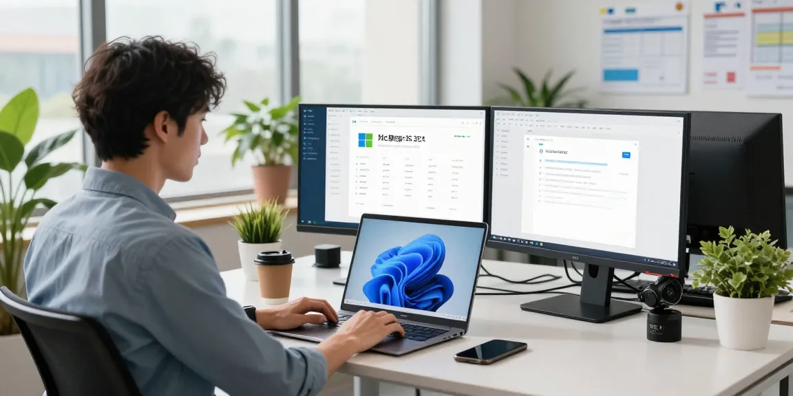 Microsoft Windows 11 Business Edition erwerben in einem modernen Büro, IT-Profi am Laptop mit Systemmetriken.