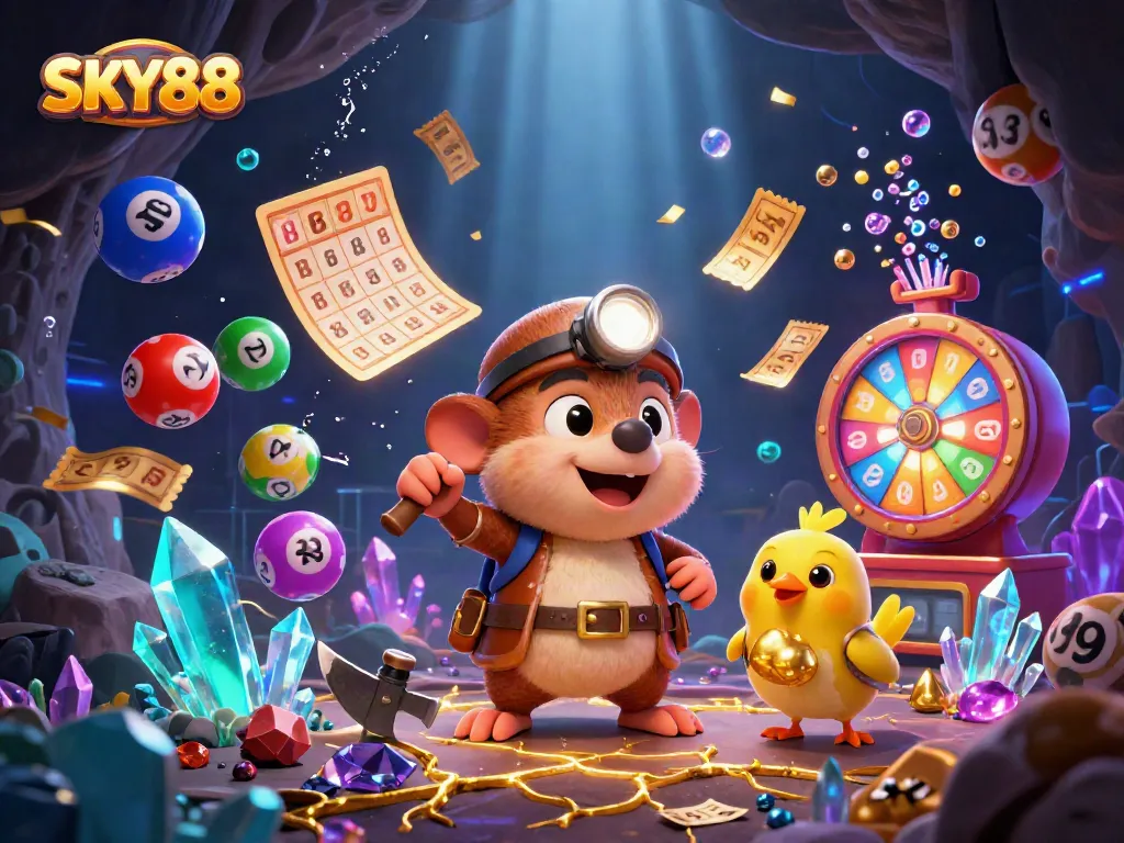 Experience winning at SKY88 with a vibrant, dynamic casino adventure featuring lottery balls and treasures.