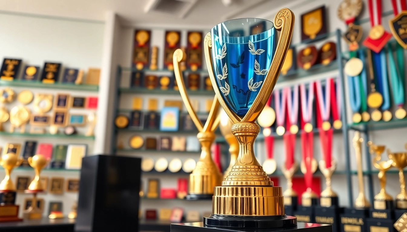 Pokale online bestellen: Elegante Trophäen in modernem Ausstellungsraum präsentieren beste Auszeichnungen.