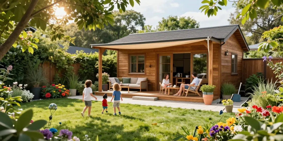 Entspanntes Familienleben neben einem Gartenhaus Holz im eigenen Garten mit blühenden Blumen und Spielbereich für Kinder.