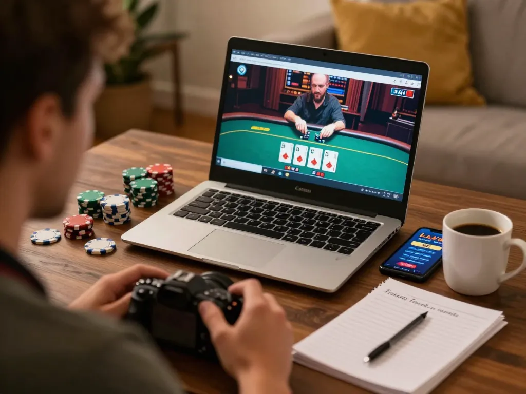 Engaged player strategizing online poker at https://rr88.center/, showcasing cozy home atmosphere and responsible gaming.