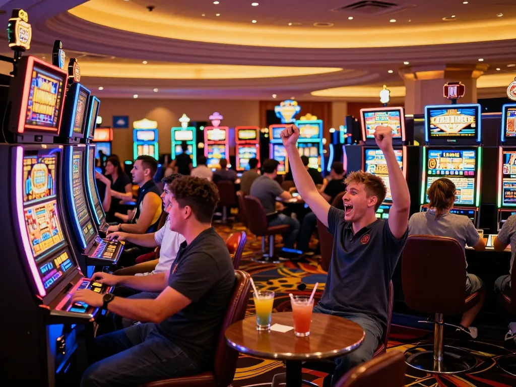 TOPBET players celebrating big wins at a lively Vegas casino floor filled with vibrant slot machines