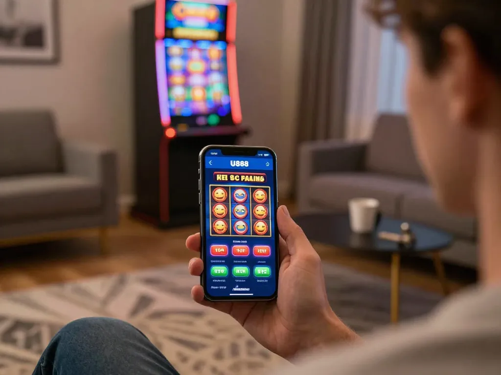 Experience U888 casino with exciting slot games on a smartphone in a cozy home setting