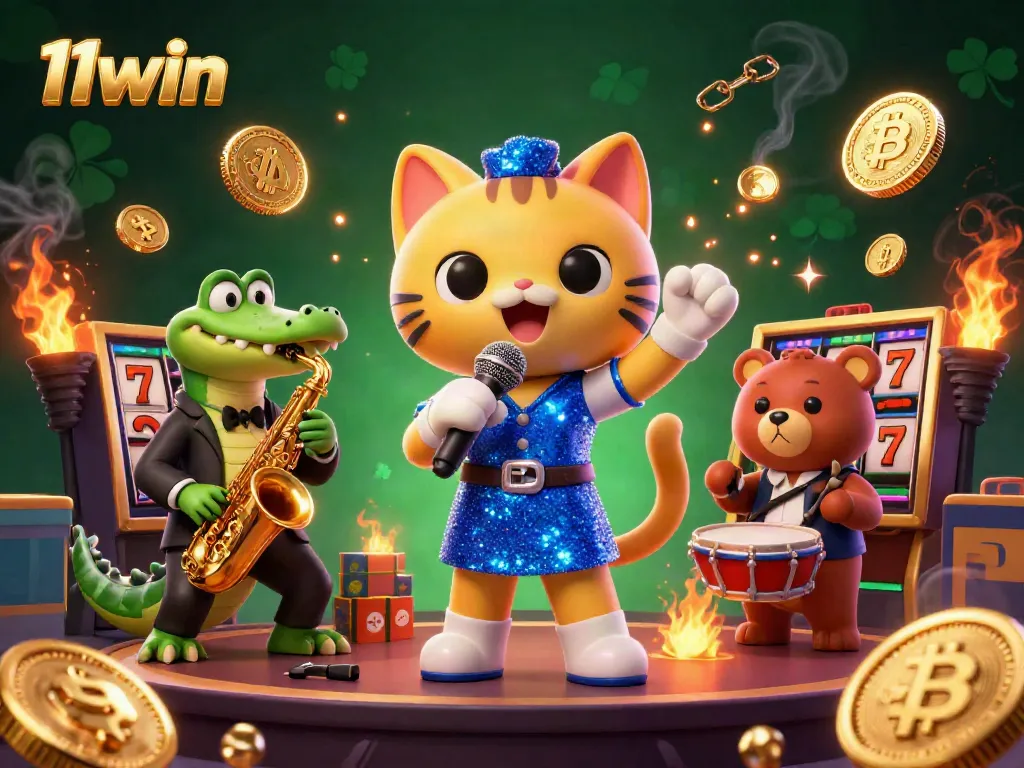 Experience the thrilling scene of 11win with vibrant characters and slot reels in a dynamic casino atmosphere.