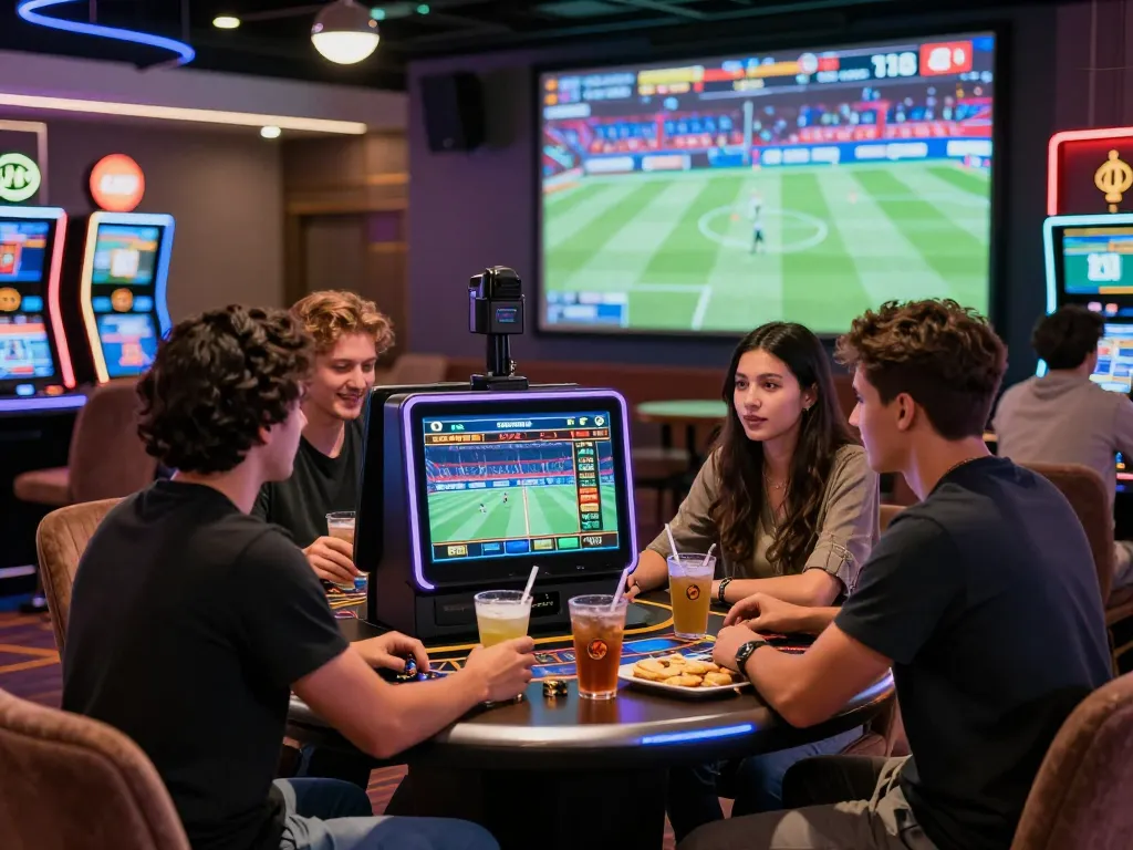 Group of friends enjoying zbet sports betting in a vibrant casino setting.