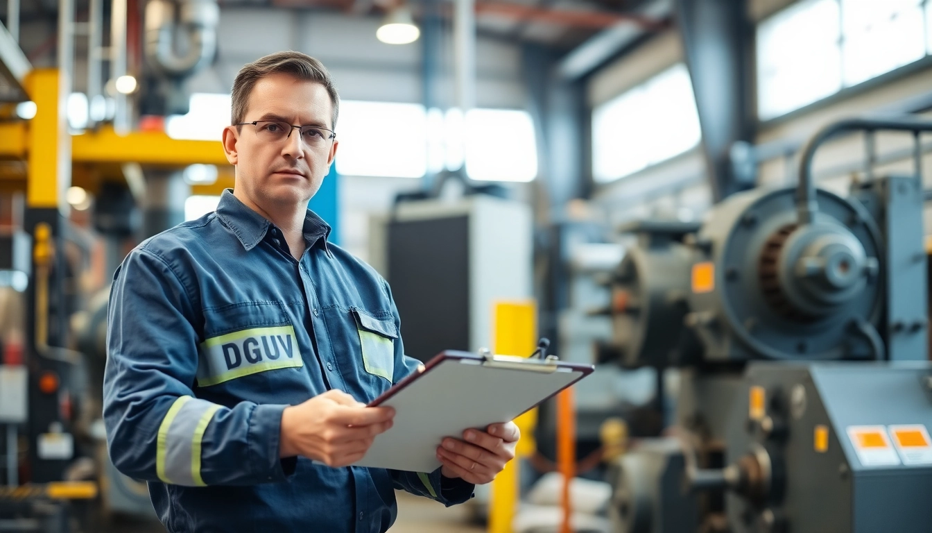 DGUV V3 Prüfung in einem industriellen Setting, Sicherheitsinspektor prüft Maschinen.