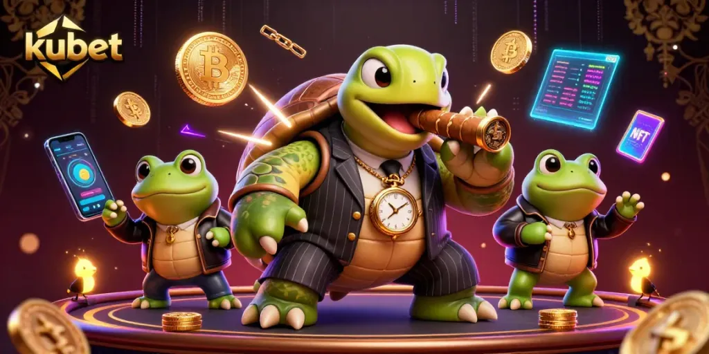 Win big with kubet in an exciting 3D casino scene featuring a snapping turtle mobster.
