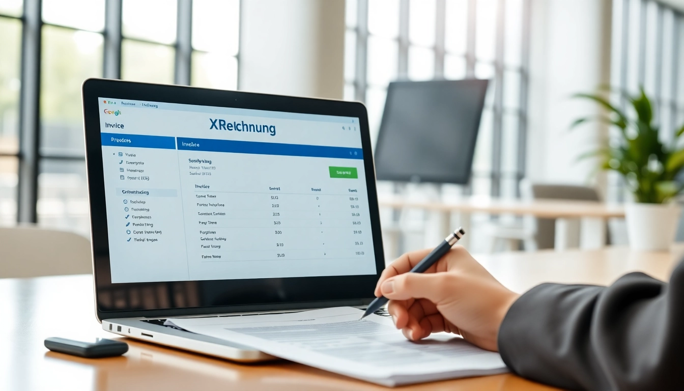 XRechnung Prozess in einem modernen Büro, wo digitale Rechnungen überprüft werden.