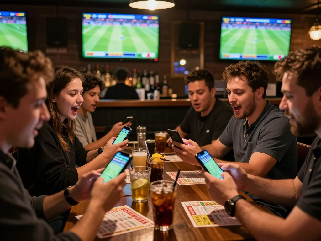 Fans reviewing soccer picks while celebrating a thrilling match at a bar.