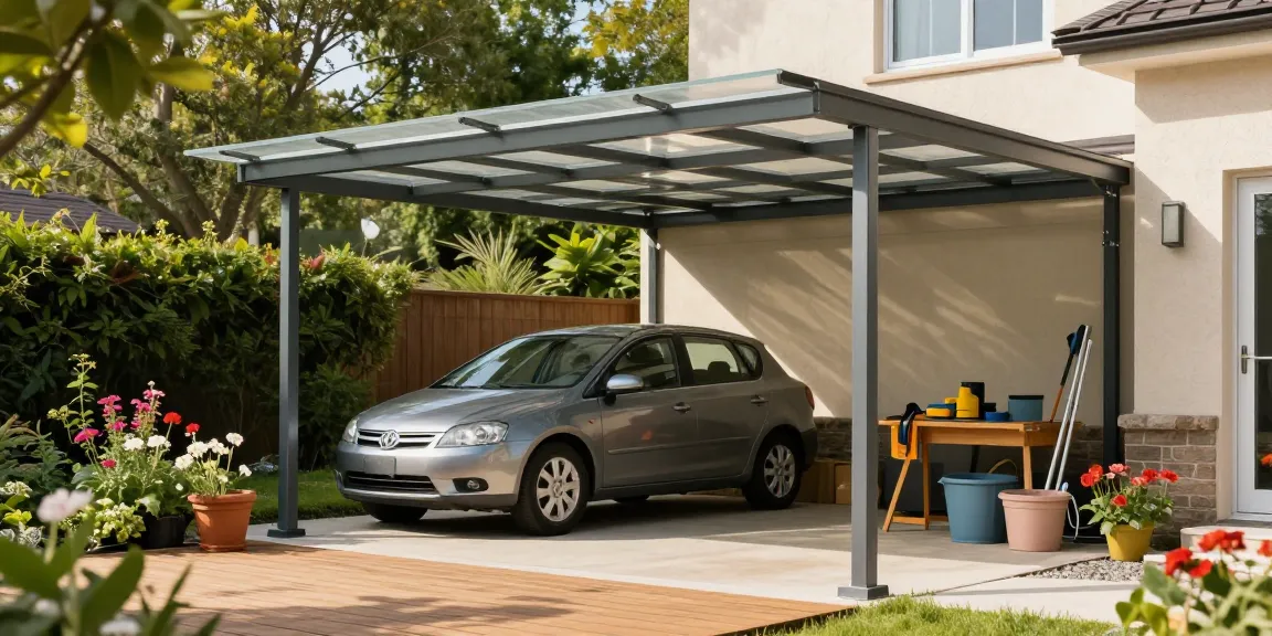 Moderne Carport-Struktur mit Auto darunter, umgeben von einem gepflegten Garten und Gartenwerkzeugen, strahlt eine einladende Atmosphäre aus.