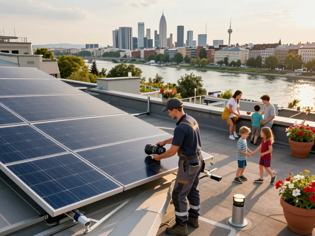 Solar Wien-Techniker inspiziert Solarpanels auf dem Dach, während eine Familie einen sonnigen Nachmittag genießt.