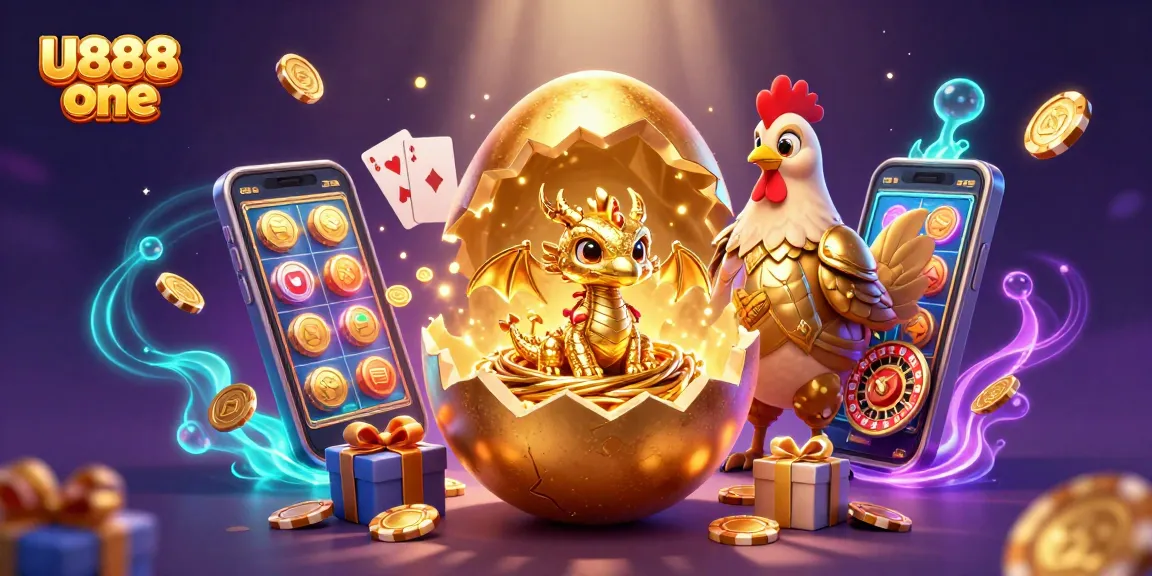 Experience the thrill of U888 one with a vibrant dragon and golden poker chips illustration.