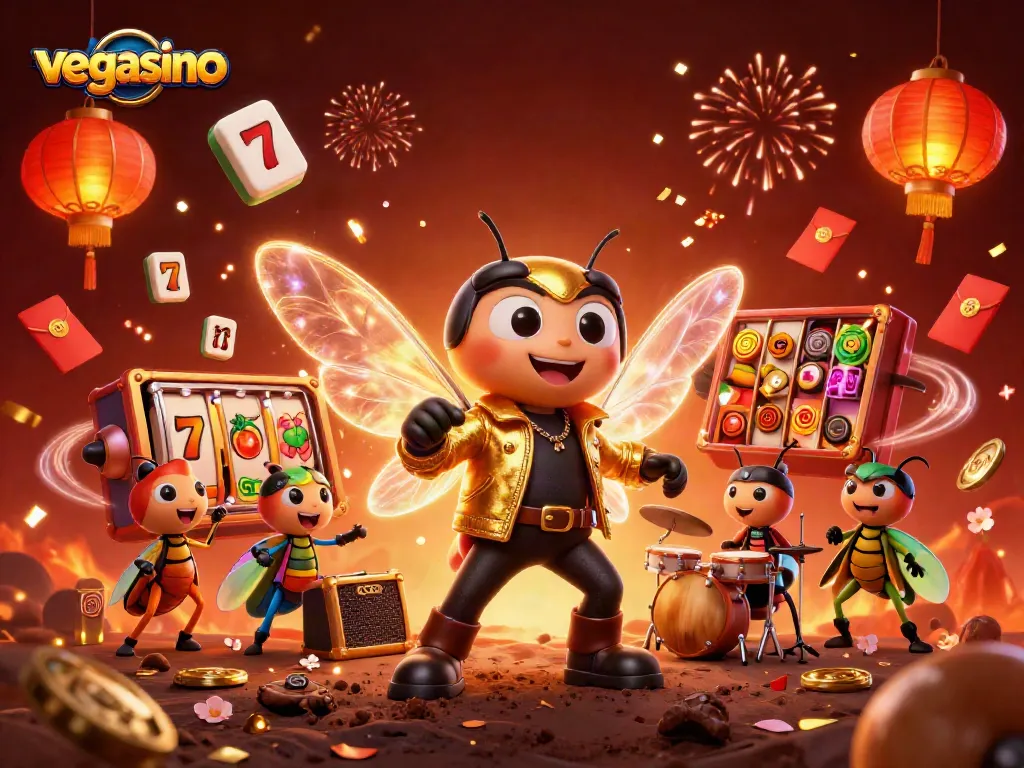 Experience high-energy slots and jackpots with Vegasino's vibrant casino scene featuring animated characters.