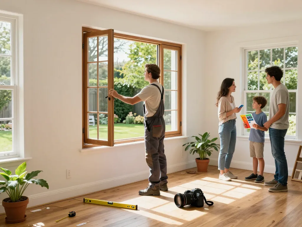 Fensterbau Bonn Szene einer Heimfensterinstallation mit Installateur und Familie, die Optionen besprechen