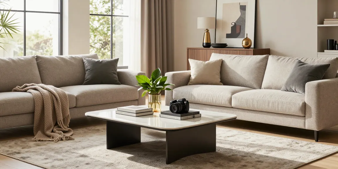 Stilvolles Wohnzimmer, perfekt für möbel günstig kaufen, mit modernem Sofa, Kaffeetisch und warmem Sonnenlicht.