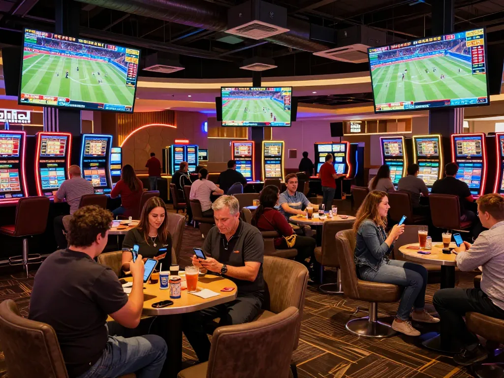 X88 sports betting patrons engaging with live matches and mobile apps in a vibrant casino lounge.