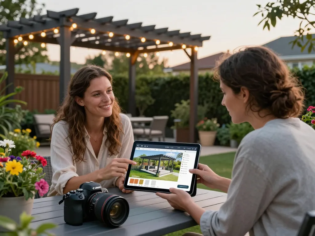 Paar, das den Pergola-Konfigurator verwendet, um ihr Außendesign zu visualisieren.