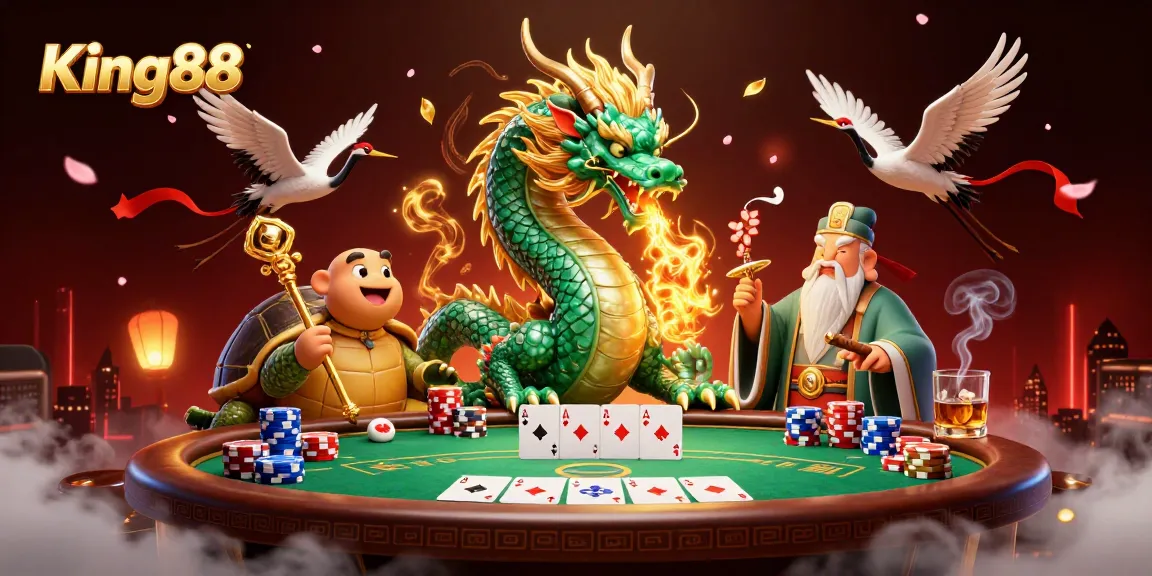 Experience the thrill at King88, with vibrant dragons and dynamic poker elements in a stunning illustration.