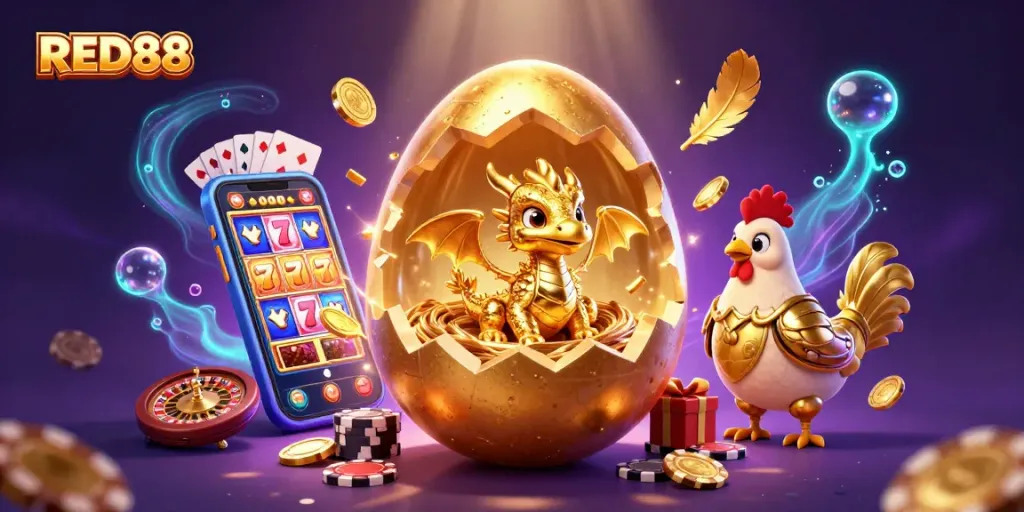 Play slots and win with RED88, featuring a golden dragon and vibrant casino elements.