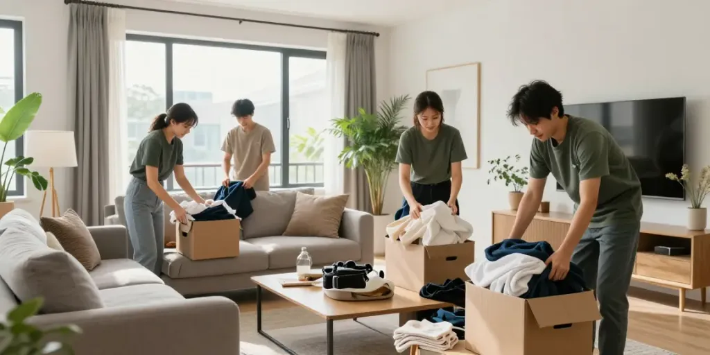 Wohnungsentrümpelung Wien - Professionelles Team beim Sortieren von Möbeln und Haushaltsgegenständen in einem hellen und modernen Wohnzimmer.