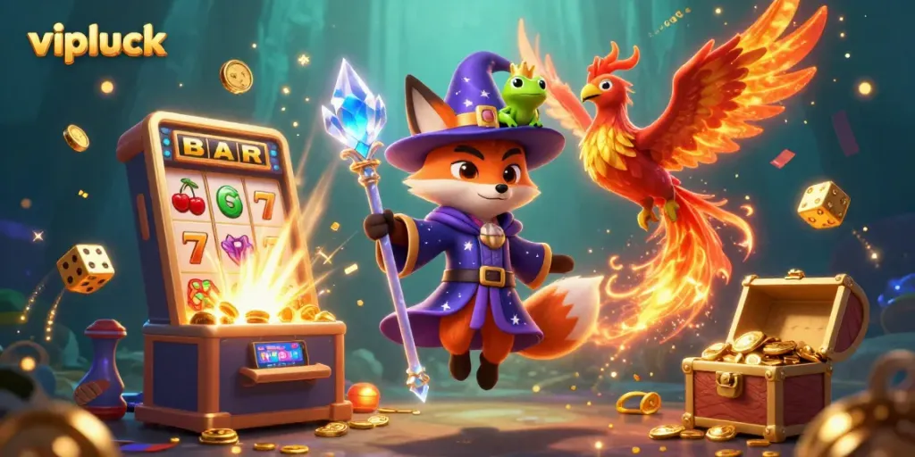 Experience thrilling wins at vipluck with a wizard fox and phoenix amidst casino excitement.