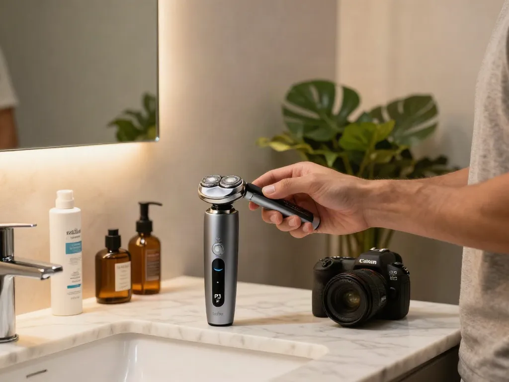Der Laifen P3 Elektrorasierer auf einem eleganten Badezimmerwaschtisch, während ein Mann Aftershave aufträgt.