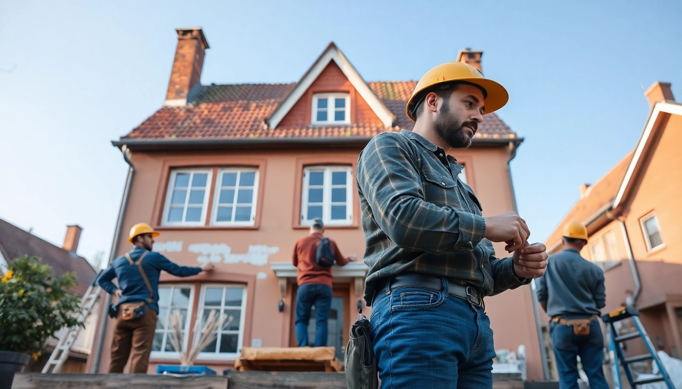 Vielseitige Hausrenovierung mit Handwerkern, die die Fassade mit frischen Farben erneuern.