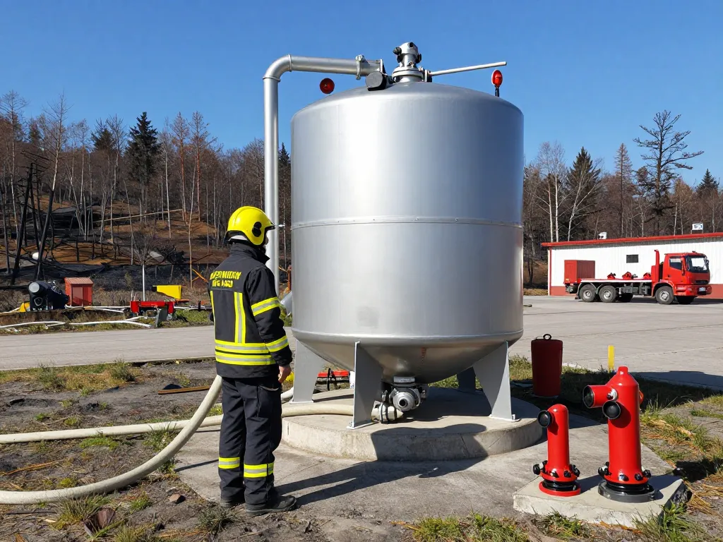 Löschwasserzisterne DIN 14230 Installation zur Brandschutzinspektion in industrieller Umgebung mit Techniker und Ausrüstung